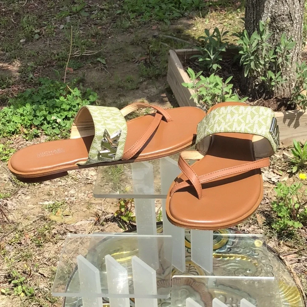 Michael By Micheal Kors Sidney Thong Flat Tan and Green MK Logo Women's Sandals - Picture 5 of 16
